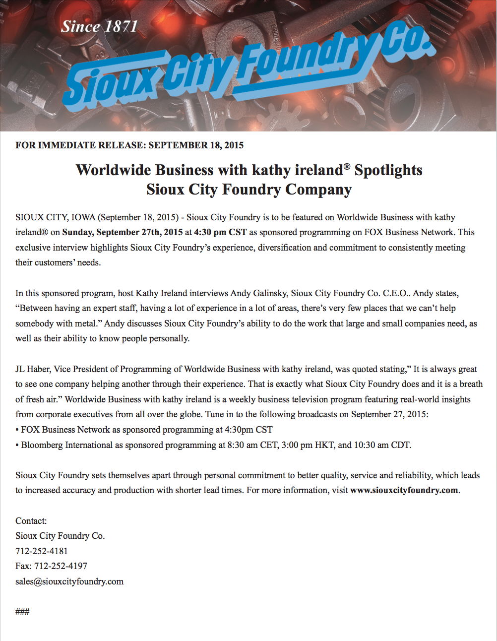 MFG Day & 145th Anniversary Press Release